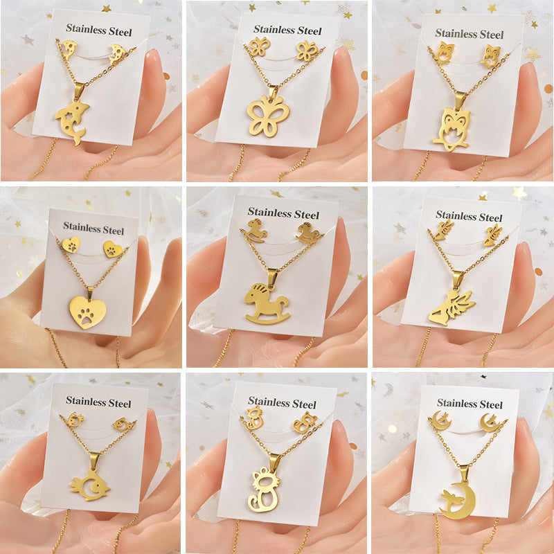 Wholesale Cheap Women Girls Stainless Steel Jewelry 18k gold necklace Pendant and Stud Earrings Jewelry set