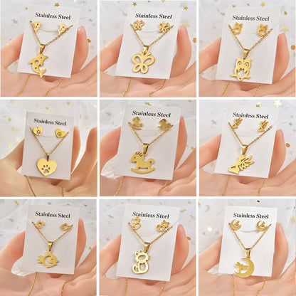 Wholesale Cheap Women Girls Stainless Steel Jewelry 18k gold necklace Pendant and Stud Earrings Jewelry set