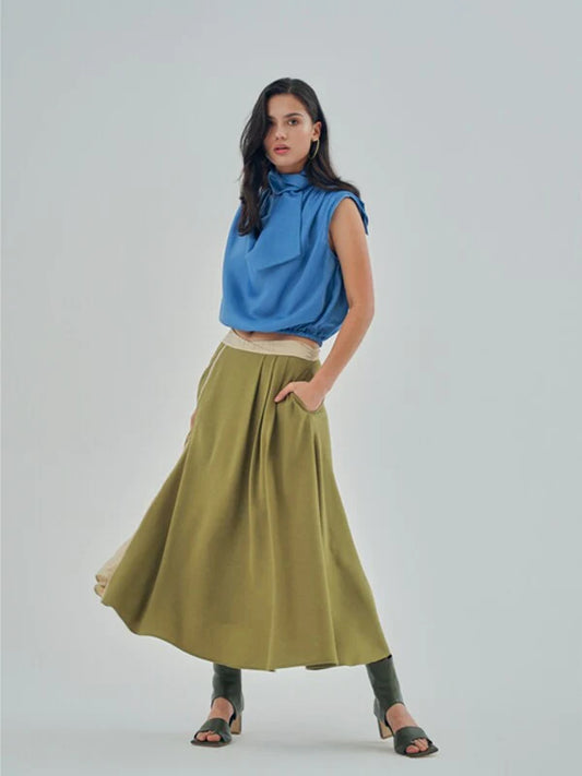 Khaki Cotton Flared Skirt
