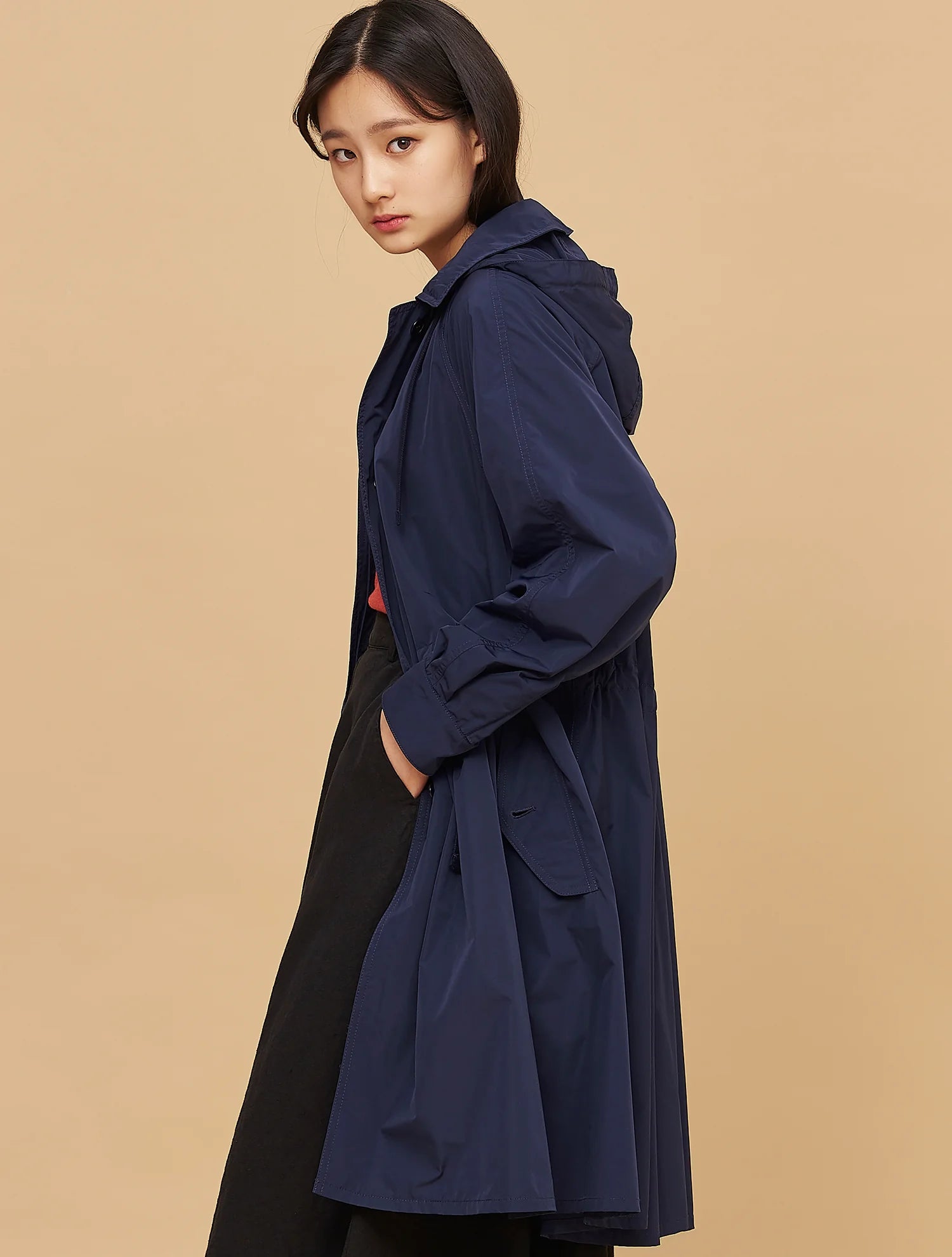 Navy Synthetic / Polyester Oversized Trench Coat with Long Sleeves