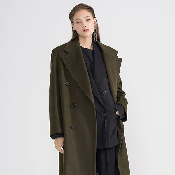 Khaki Wool / Cashmere Oversized Double-Breasted Coat with Long Sleeves