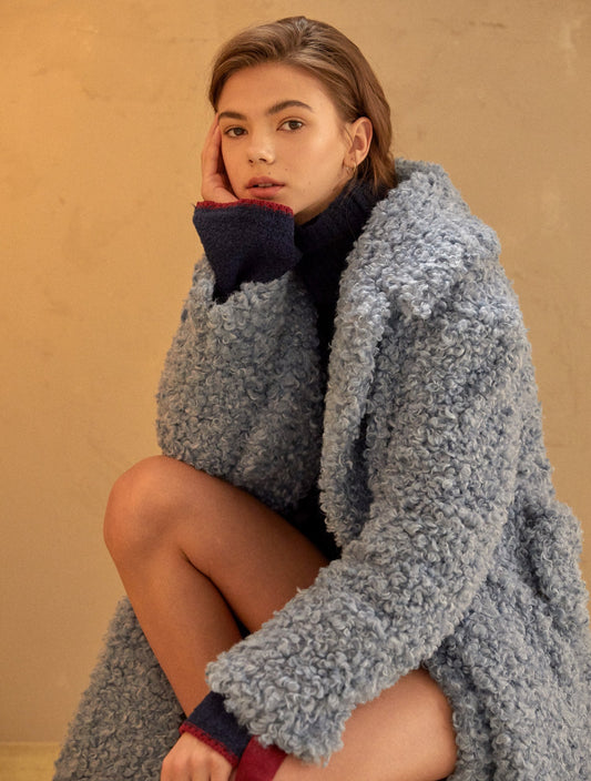 Grey Shearling Oversized Fur Coat with Long Sleeves