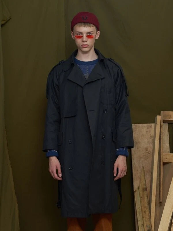 Navy Synthetic / Polyester Oversized Trench Coat with Long Sleeves