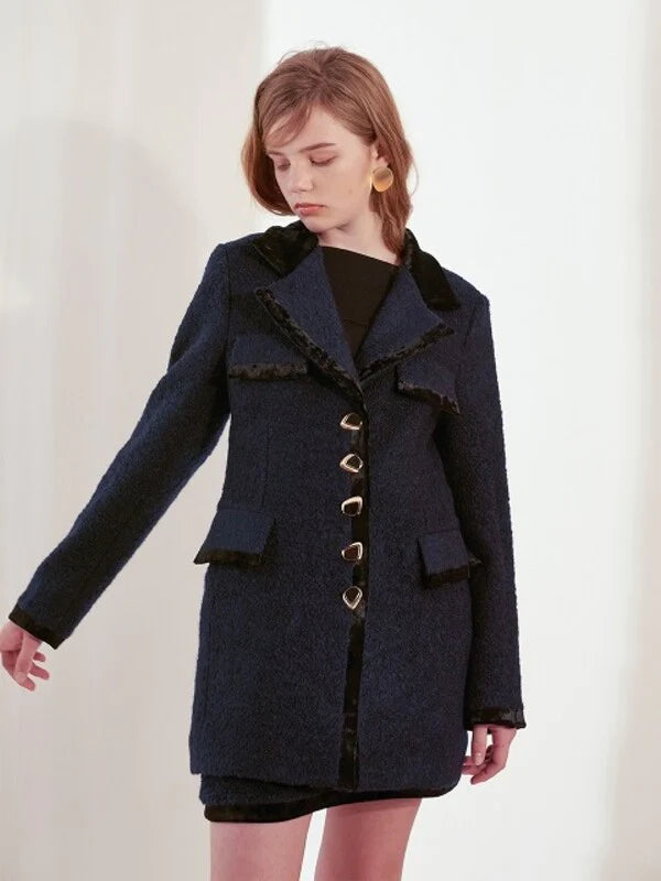 Navy Wool / Cashmere Normal Single-Breasted Coat with Long Sleeves