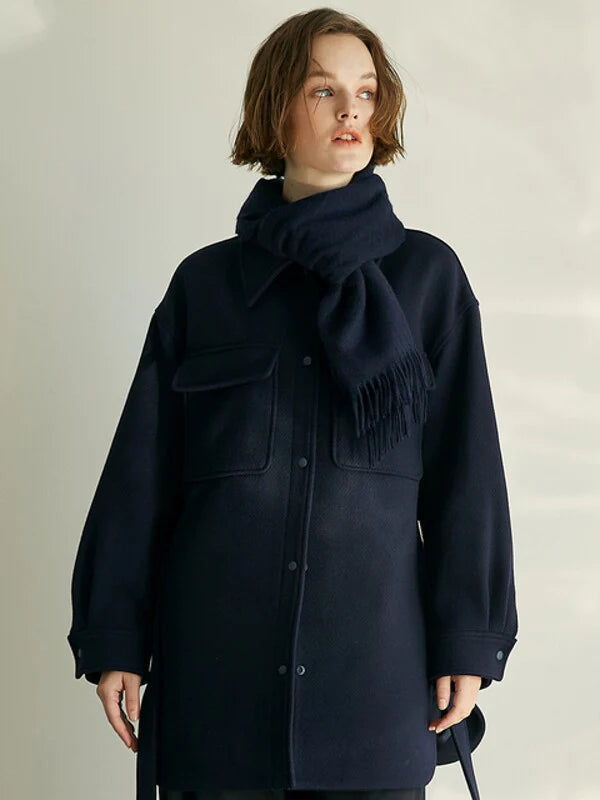Navy Wool / Cashmere Oversized Single-Breasted Coat with Long Sleeves
