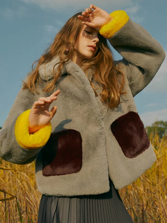 Grey Shearling Normal Fur Coat with Long Sleeves