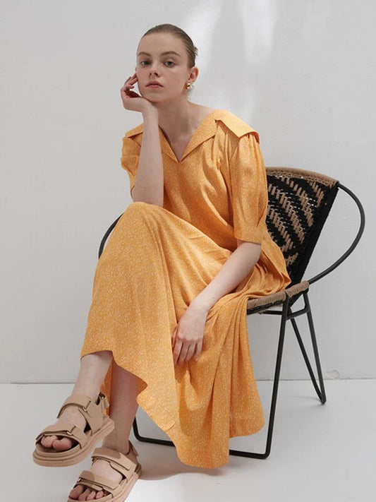 Yellow Cotton Shirt Dress with Short Sleeves