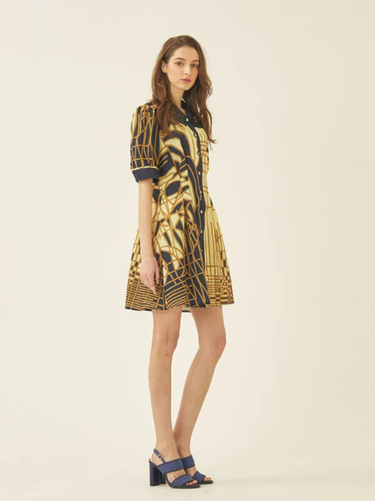 Yellow Cotton Shirt Dress with Short Sleeves